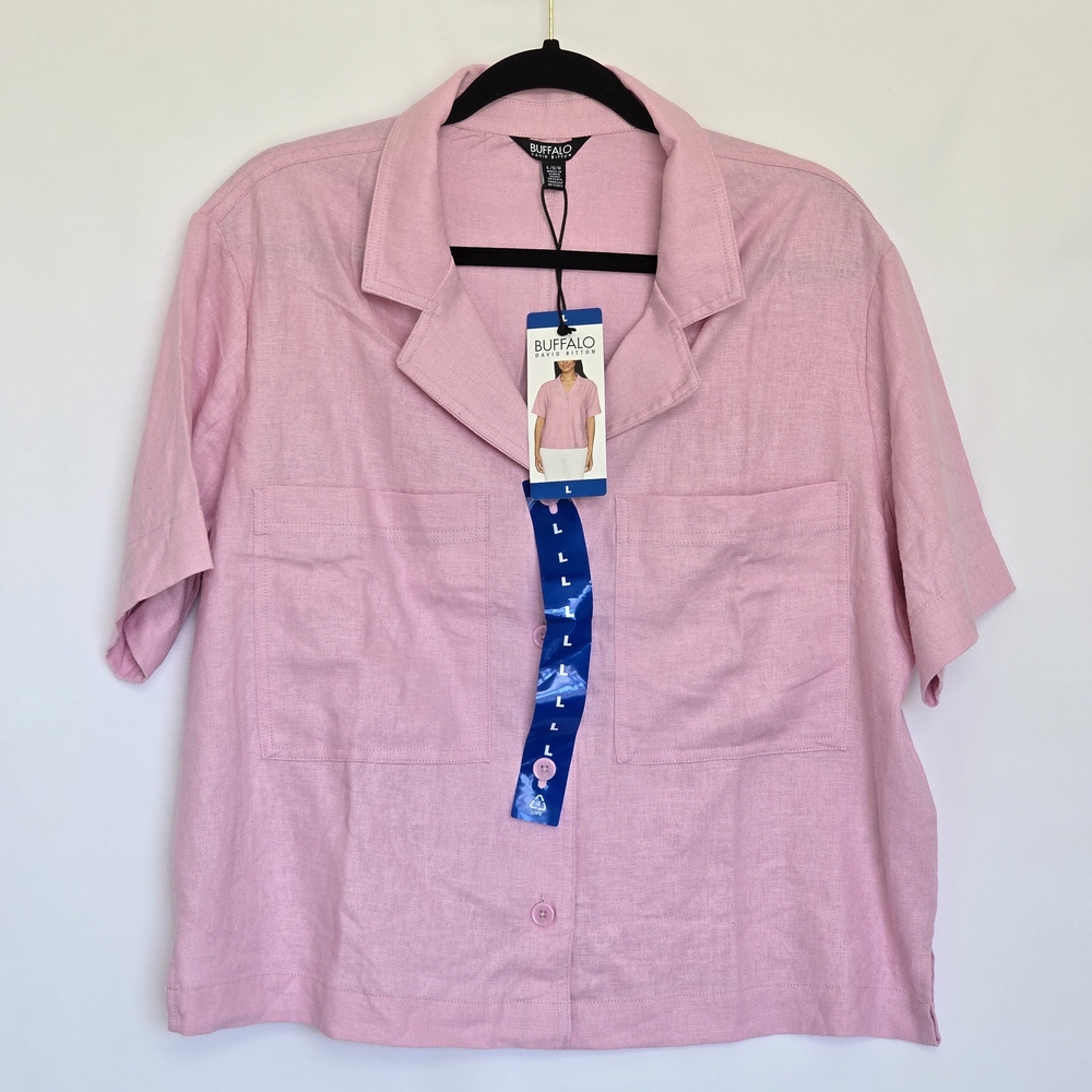 NWT Linen Blend Button Up Shirt Sz L Women Baby Pink Short Sleeves Crop Collared